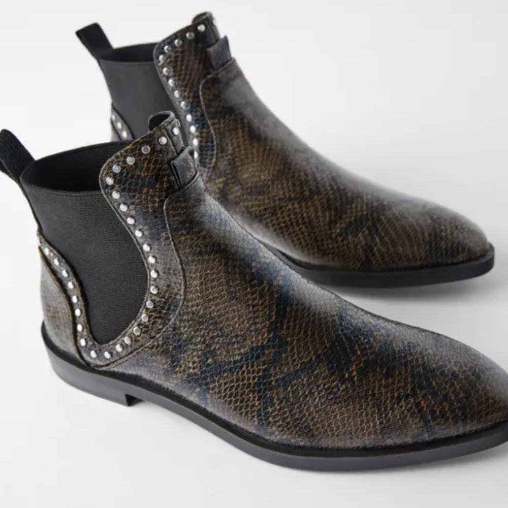 ZARA SNAKE PRINT FLAT ANKLE BOOTS WITH STUDS